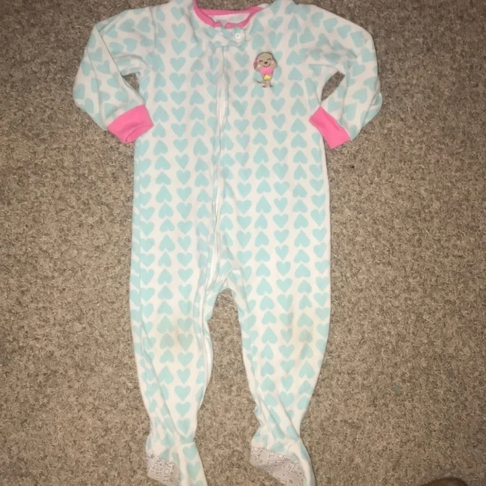 Carter’s White, Blue Hearts Fleece Zip Up Warm Footie Onesie Pajamas